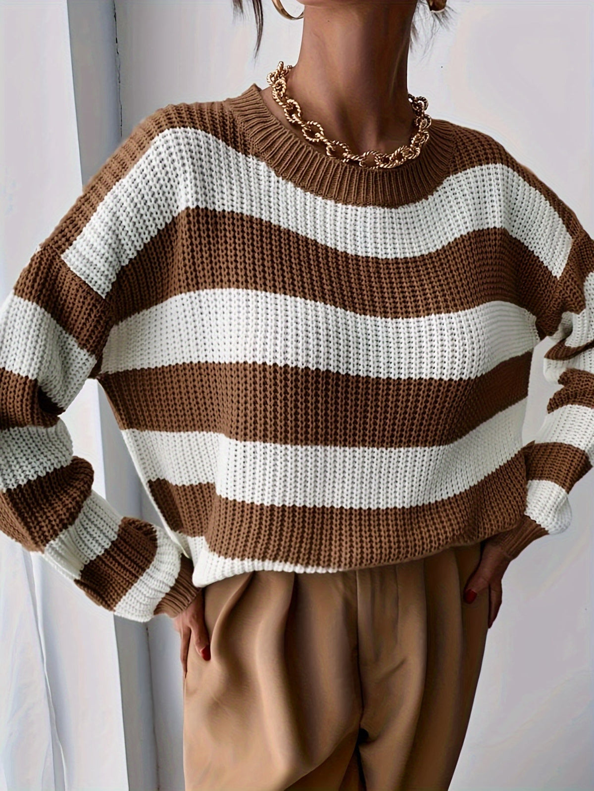 Striped Chunky Knit Sweater with Round Neck and Dropped Shoulders — variant_front