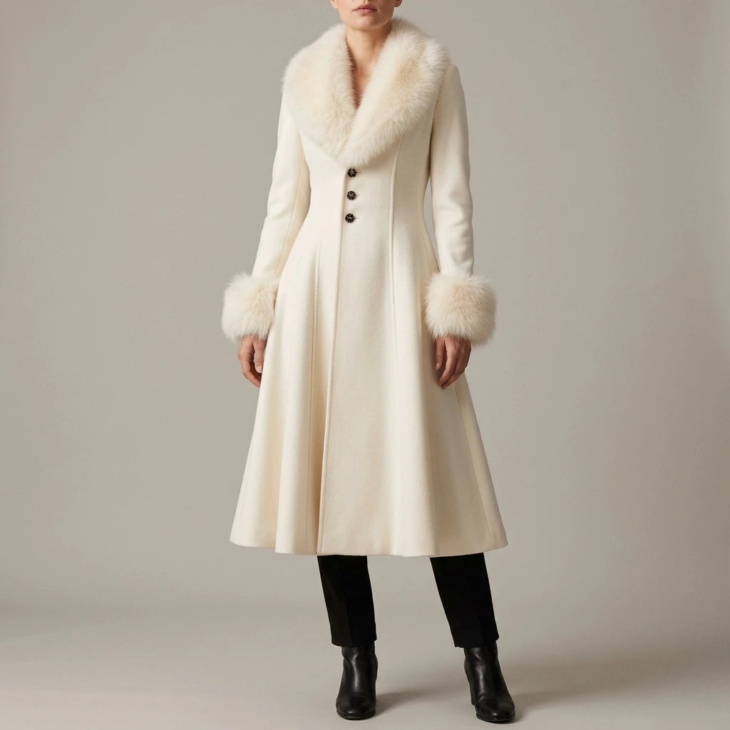 A-Line Flared Coat with Faux Fur Collar and Cuffs for Women — variant_front