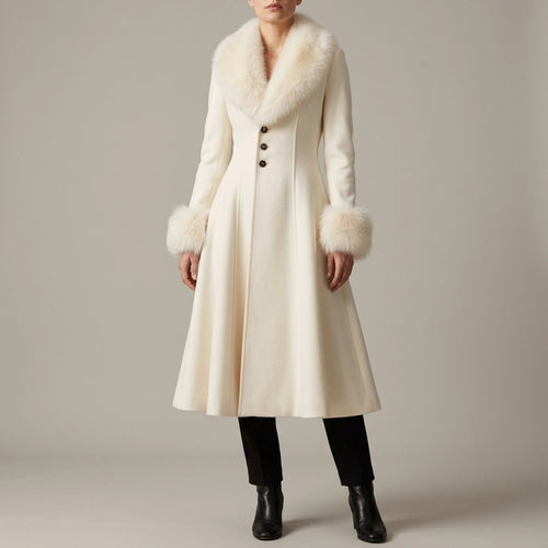 A-Line Flared Coat with Faux Fur Collar and Cuffs for Women — variant_front