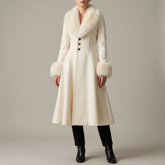 A-Line Flared Coat with Faux Fur Collar and Cuffs for Women — variant_front