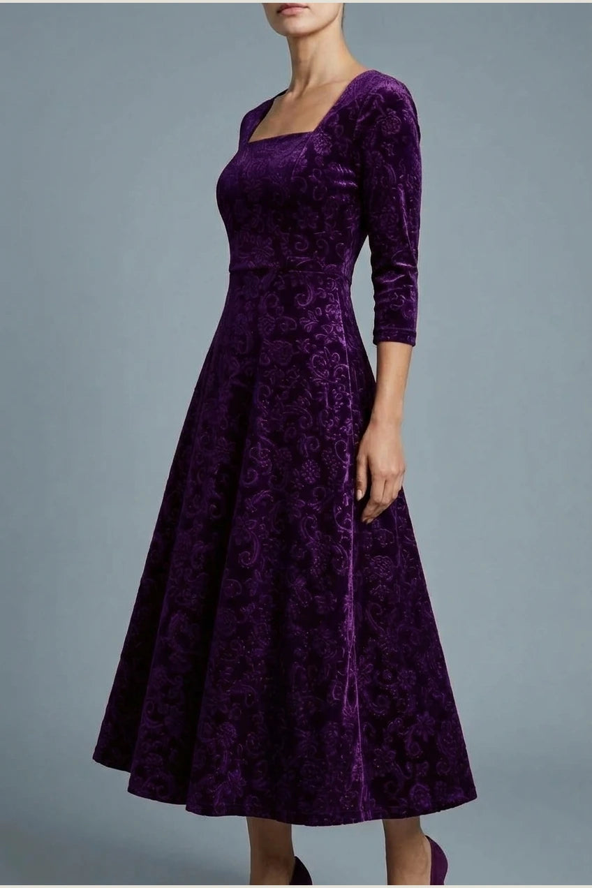 Scarlett | Women's Square Neck Velvet Floral Embossed Party Dress — variant_front