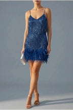Sophie | Women's Sequin Fringe Feather Trim Cocktail Dress — variant_front