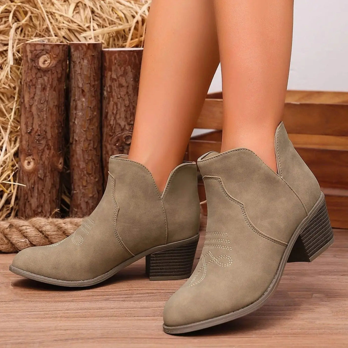 Western Ankle Boots with Block Heel and Stitch Detail — variant_front