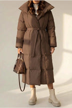 Women's Belted Long Puffer Coat with Silhouette Design – Ines — variant_front