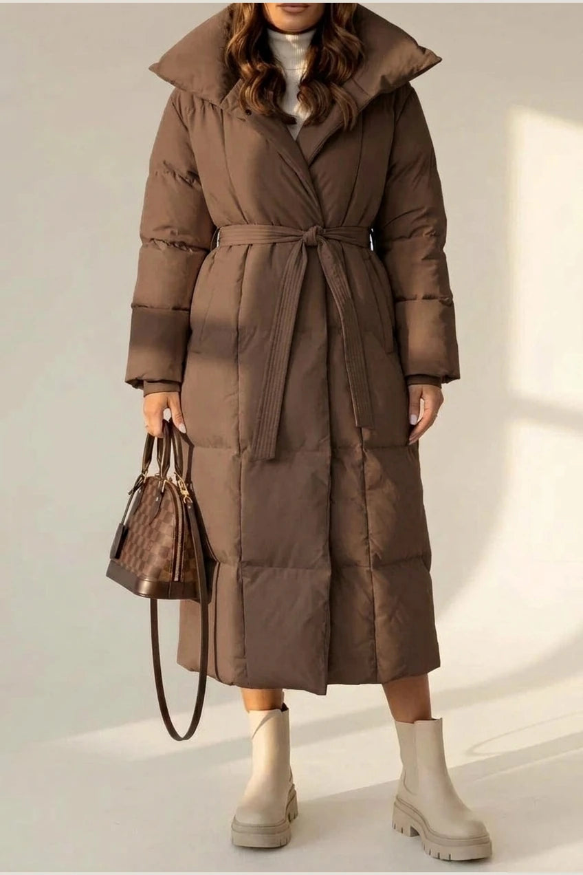 Women's Belted Long Puffer Coat with Silhouette Design – Ines — variant_front