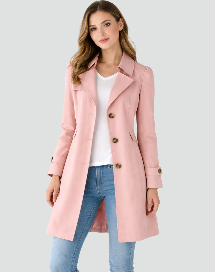Fitted Trench Coat with Gold Buttons and Buttoned Cuffs — variant_front