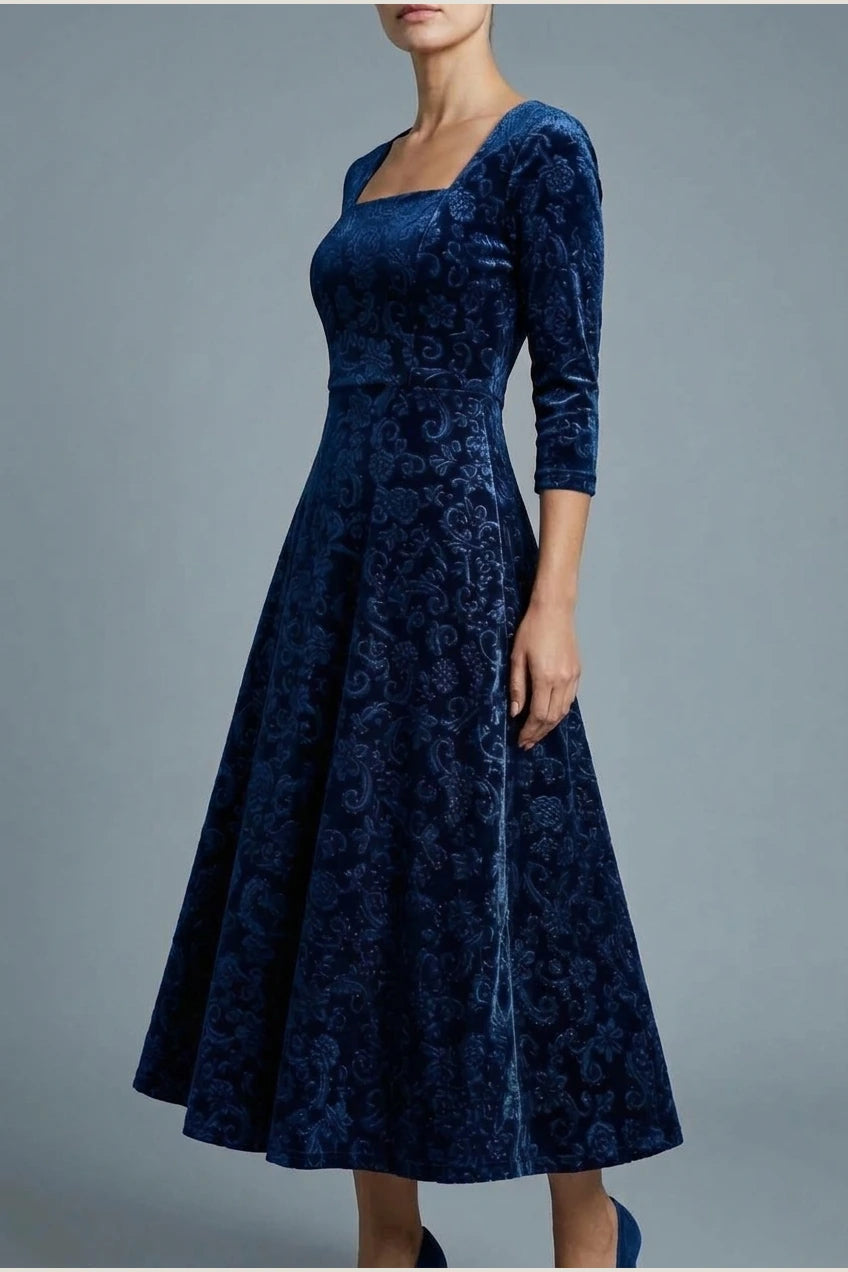 Scarlett | Women's Square Neck Velvet Floral Embossed Party Dress — variant_front