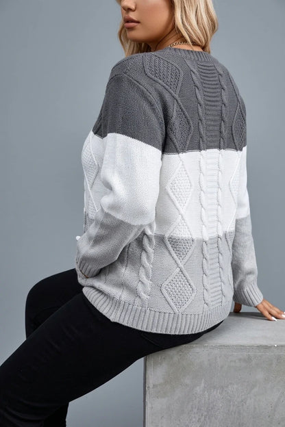Plus Size, Plus Size Women's Autumn/Winter Casual Color Block Rhombus Pattern Pullover Sweater, Long Sleeve Crew Neck Cable Fabric Top — variant_front