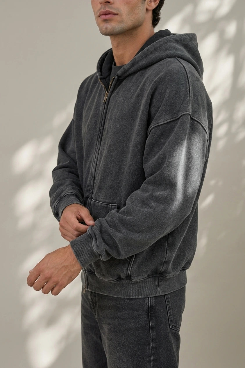 Men’s Oversized Full Zip Hoodie – Washed Hooded Jacket — variant_front