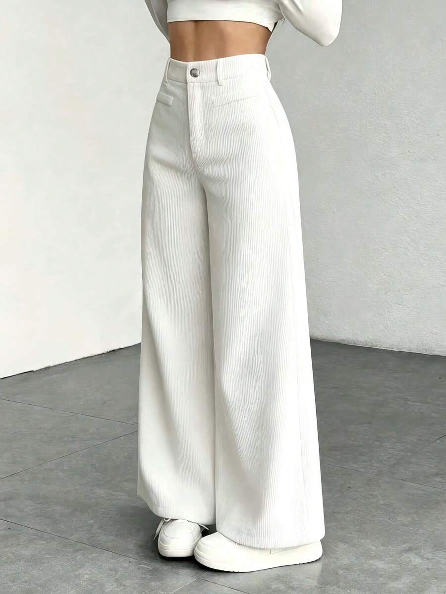 High Waist Wide Leg Corduroy Trousers with Flap Pockets — variant_front
