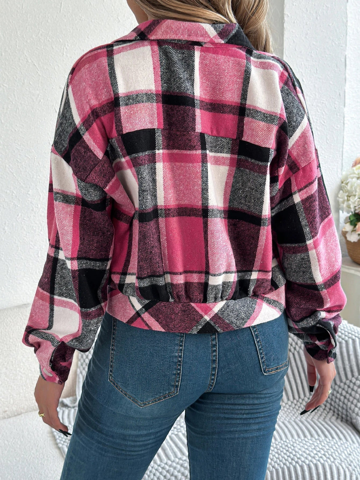 Cropped Plaid Shacket with Button Front and Chest Pockets — variant_front