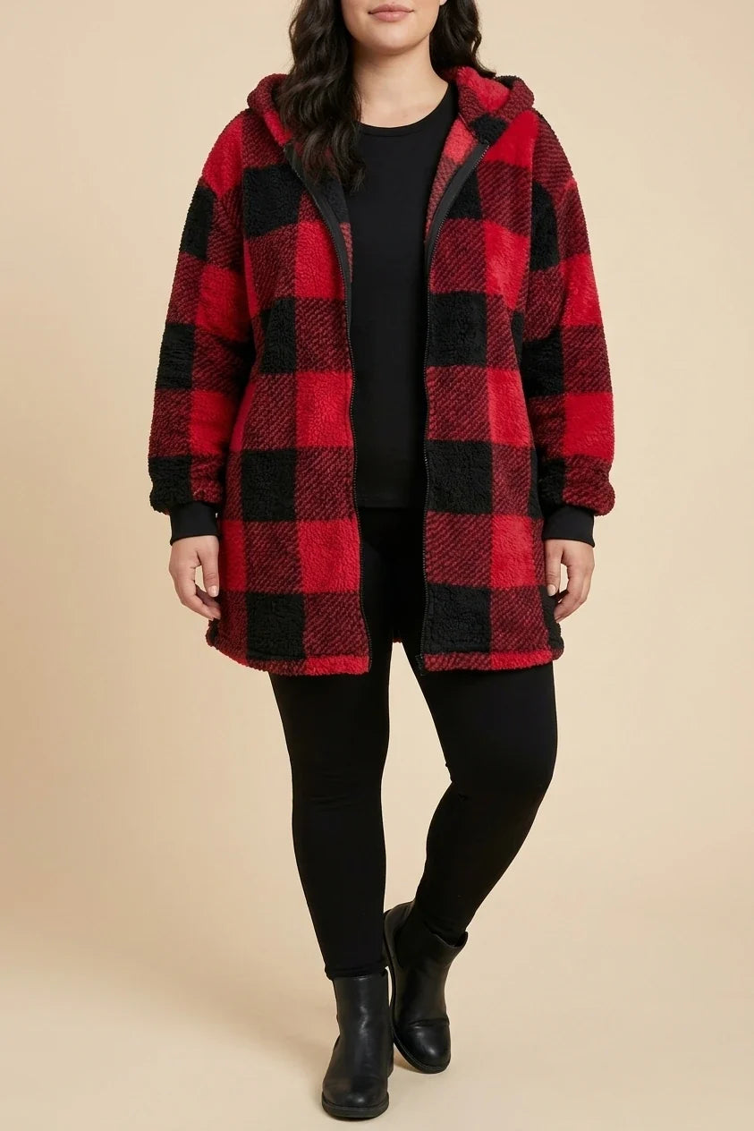 Plus Size, Plus Size Women's Elegant Red & Black Plaid Hooded Jacket - Warm Winter Suitable for Fall/Winter, Cozy Outerwear with Hood, Machine Washable Blazer for Weather, Hand Washable or Dry Cleanable (No) — variant_front