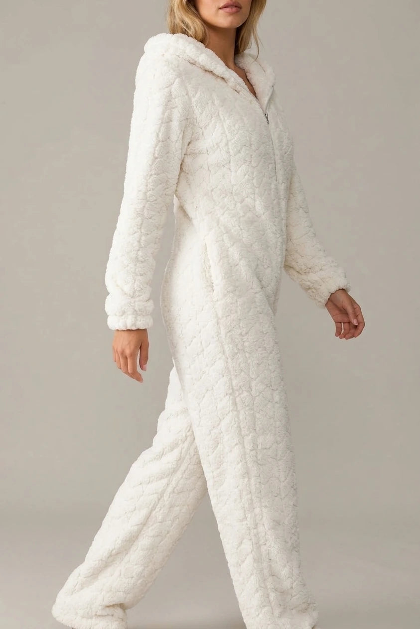 Women’s Hooded Teddy Fleece Jumpsuit – Full Zip Fluffy Lounge Onesie — variant_front