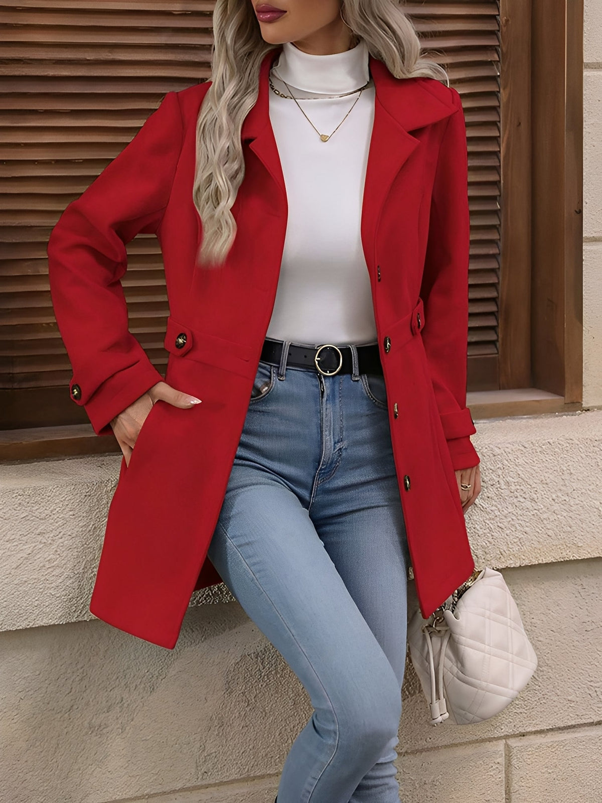 Fitted Double Breasted Trench Coat with Gold Button Detail — variant_front
