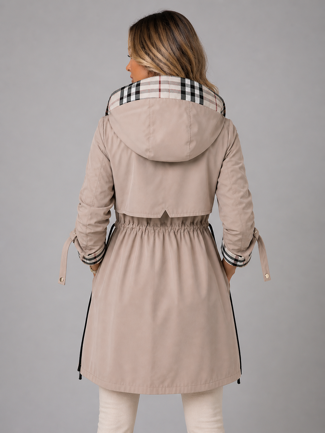 Hooded Anorak with Check Lining and Drawstring Waist — variant_front