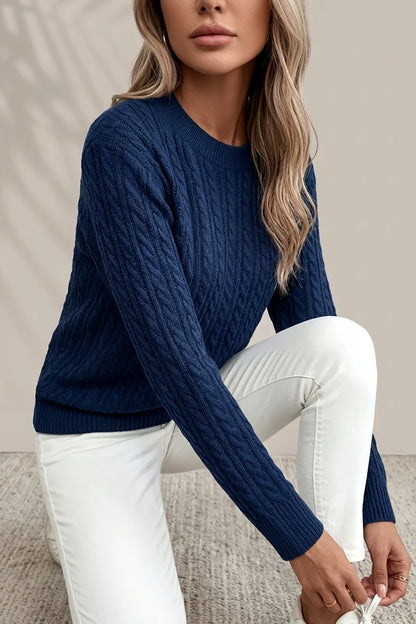 Women's Casual Loose-Fit Round Neck Long Sleeve Sweater - Medium Stretch Solid Color with Ribbed Detailing, H-Line Silhouette for Spring/Autumn Layering, Elegant Collection, Cute Sweater, Casual Attire, Comfortable Fit, Pullover Top, Stylish Women — variant_front