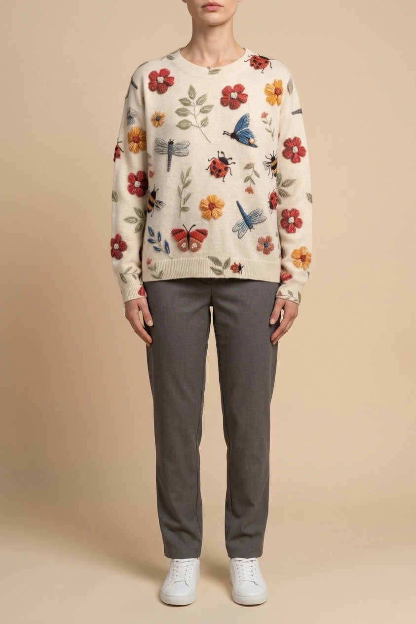 Women's Embroidered Floral Knit Sweater Loose Fit Crew Neck — variant_front