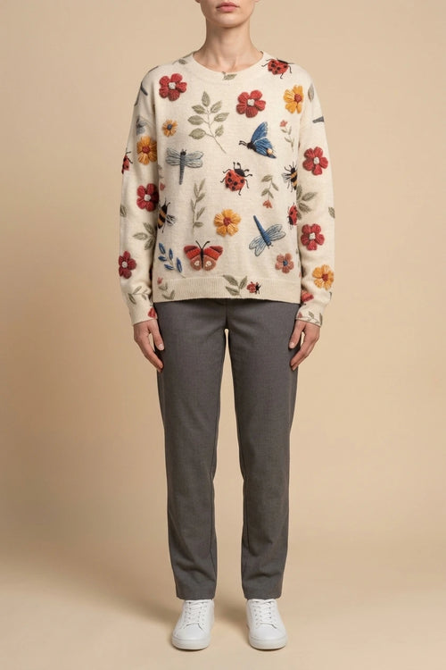 Women's Embroidered Floral Knit Sweater Loose Fit Crew Neck — variant_front