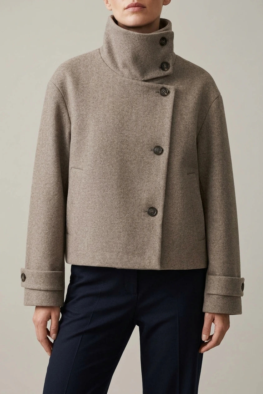 Jacket Women - Wool Blend Cropped Jacket with Buckle Collar — liora-womens-long-sleeve-coat-cozy-buckle-collar-winter-layer_wearing_product_focus_06.webp