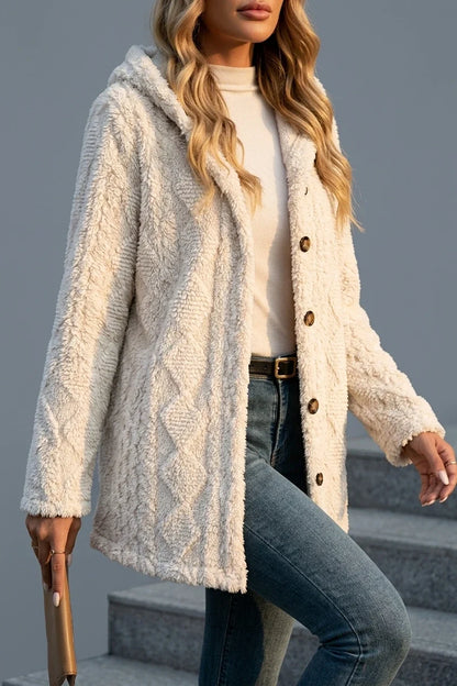 Women'S New Elegant Diamond Pattern Side Decorative Button Wool Teddy Bear Coat Hooded Jacket Warm Outerwear — variant_front