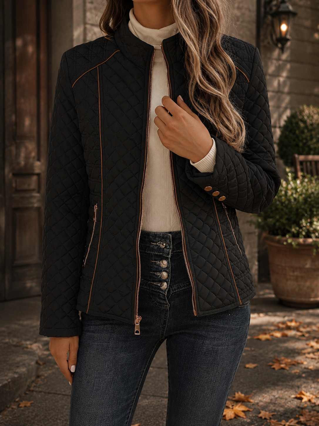 Fitted Quilted Jacket with Stand Collar and Contrast Piping — variant_front