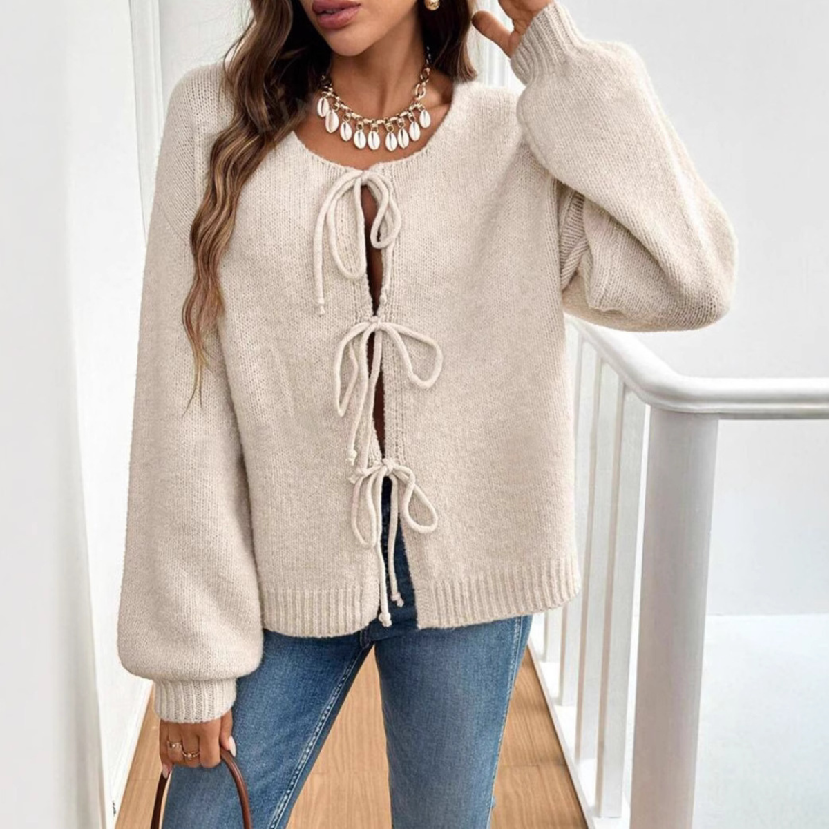 Relaxed Knit Cardigan with Tie Front and Puff Sleeves — variant_front