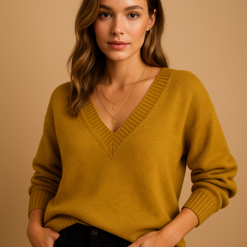 Soft Knit Sweater with Ribbed V-Neckline and Ribbed Cuffs — variant_front