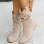 Slouchy Suede Mid-Calf Boots with Block Heel and Strap Detail — variant_front
