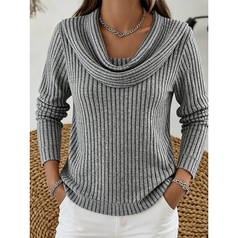 Ribbed Knit Sweater with Cowl Neck and Long Sleeves — variant_front