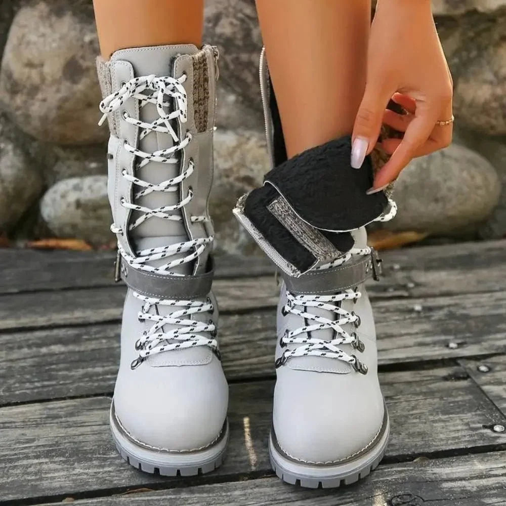 Insulated Lace Up Winter Boots with Knit Cuff and Buckle Detail — variant_front