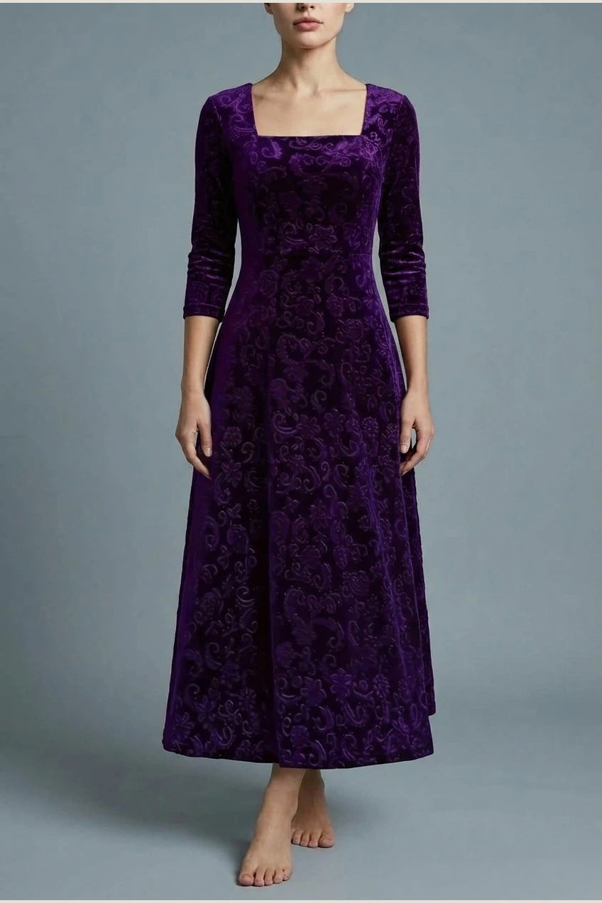 Scarlett | Women's Square Neck Velvet Floral Embossed Party Dress — variant_front