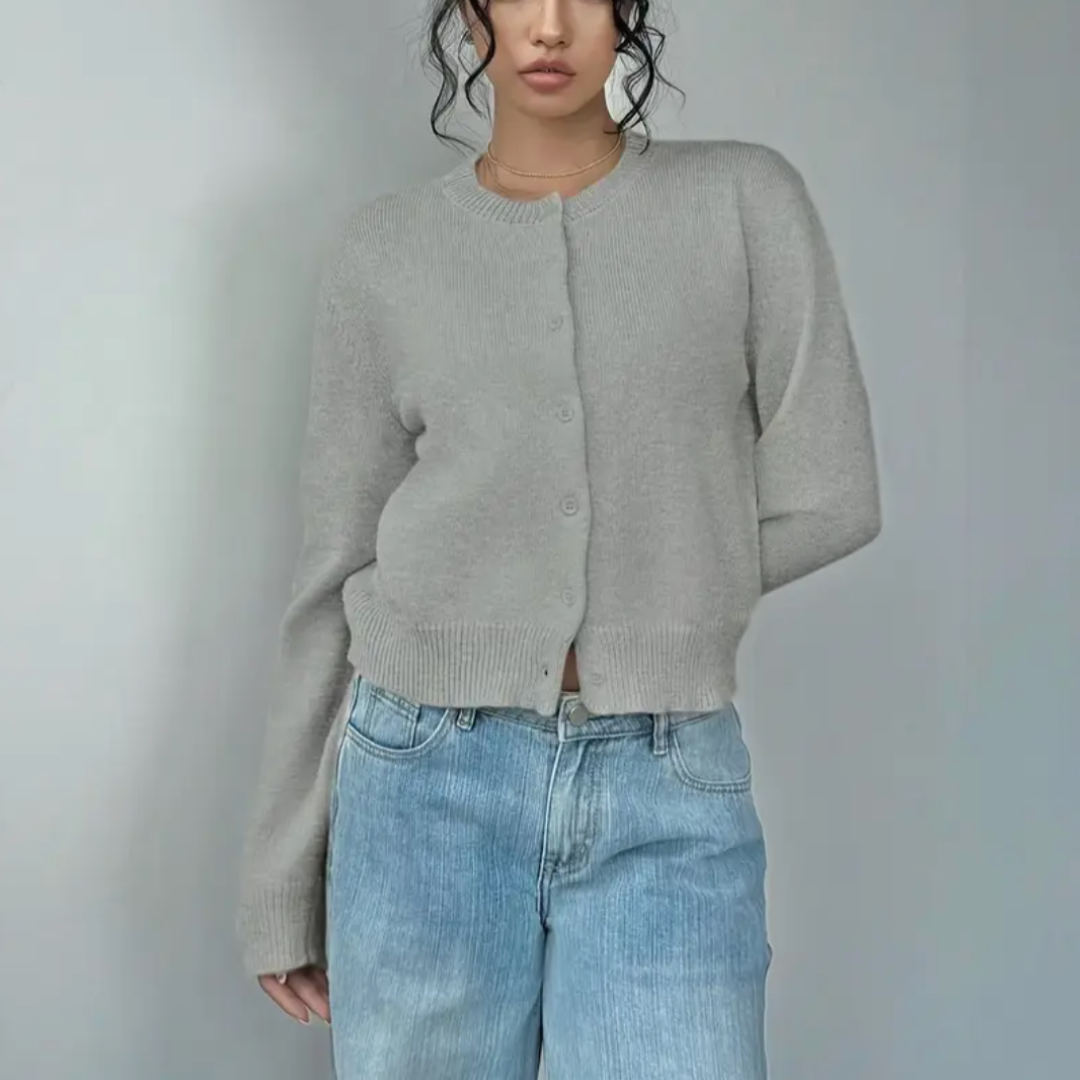 Soft Cropped Knit Cardigan with Round Neck — variant_front
