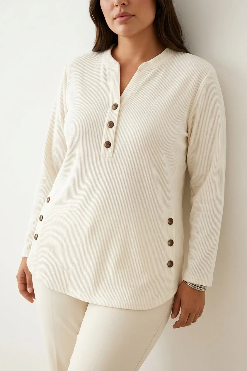 Plus Size, Plus-size Women's Spring/autumn Vertical Rib-textured Base Layer Top, Featuring a Loose Semi-open Neckline with Side-button Placket, Mid-length Curved Hem, European/American Style Long-sleeve Top That Covers the Hips and Slims the Figure. — variant_front