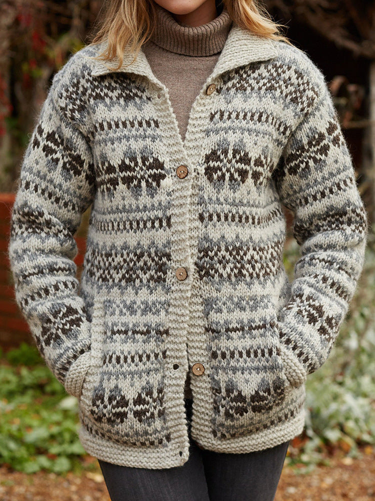 Retro Fair Isle Chunky Knit Cardigan with V-Neckline — variant_front