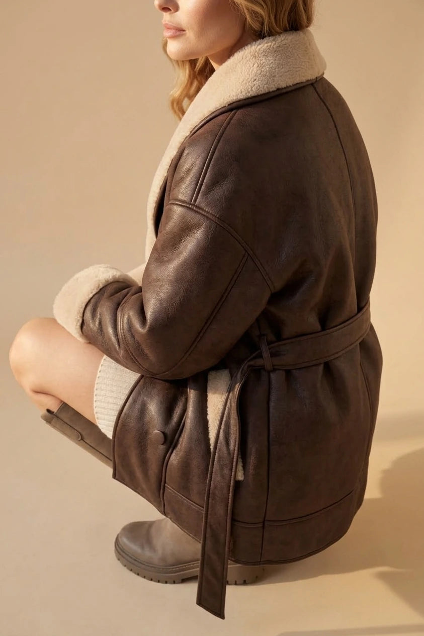 Oversized Leather Coat with Sherpa Lining and Tie Belt — variant_front