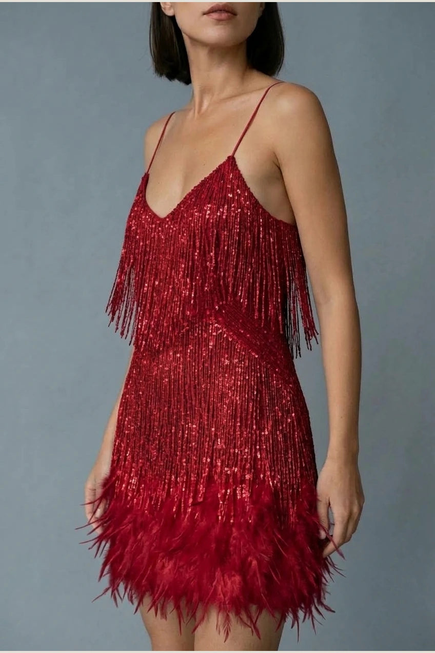 Sophie | Women's Sequin Fringe Feather Trim Cocktail Dress — variant_front