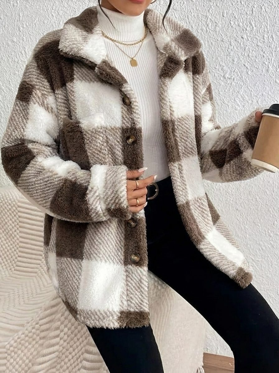 Plush Check Shacket with Gold Button Closure — variant_front