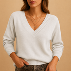 Soft Knit Sweater with Ribbed V-Neckline and Ribbed Cuffs — variant_front