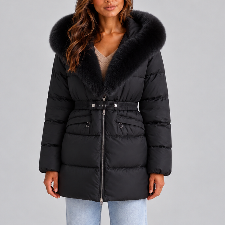 Women’s Hooded Puffer Coat with Faux Fur Trim and Belt — variant_front