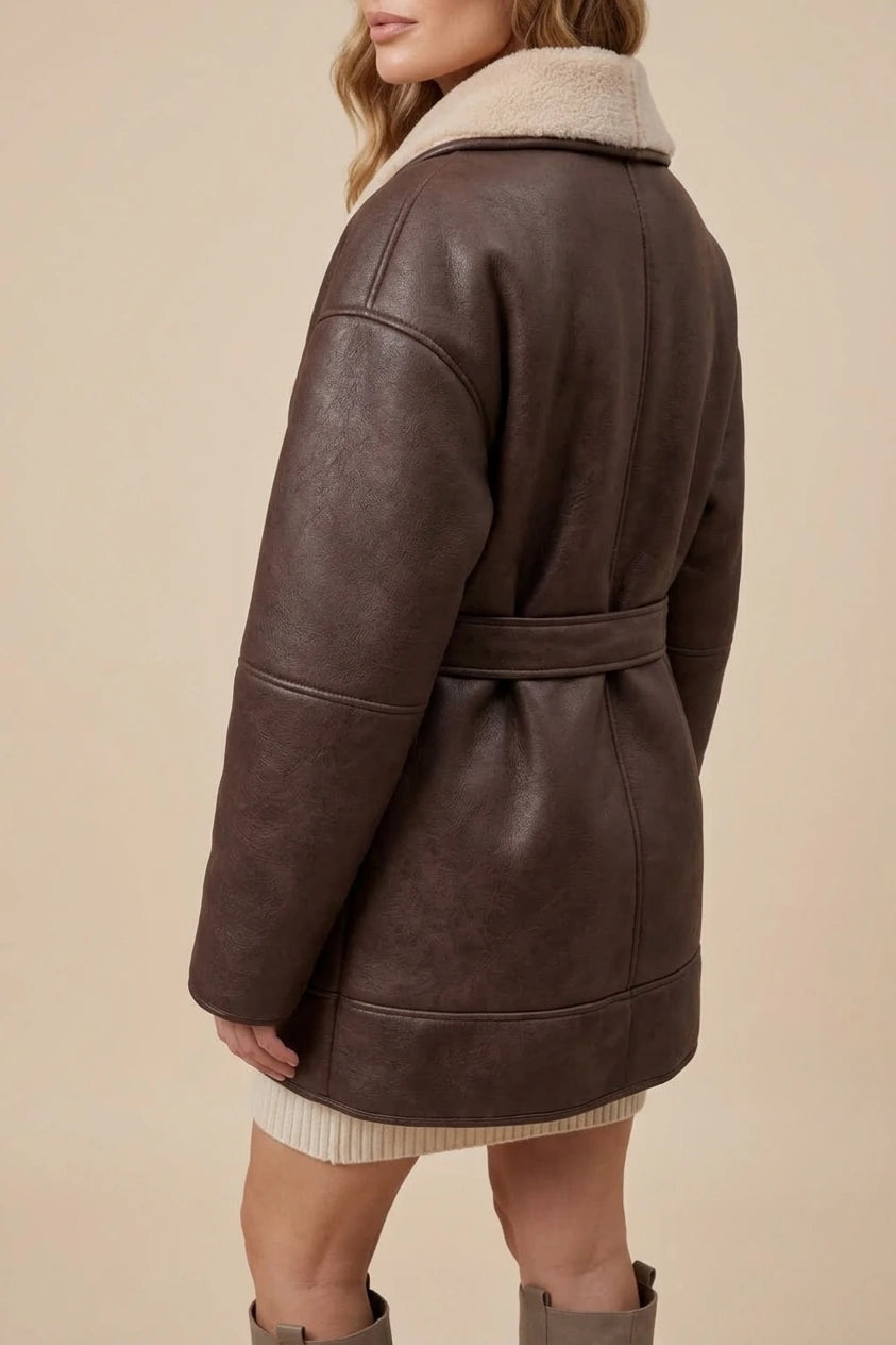 Oversized Leather Coat with Sherpa Lining and Tie Belt — variant_front