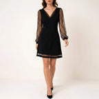 Montarello Women's Deep V-Neck Sheer Sleeve Party Mini Dress — montarello-womens-sheer-sleeve-v-neck-mini-dress-evening_lifestyle_urban_walk_04.webp