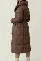 Women's Belted Long Puffer Coat with Silhouette Design – Ines — variant_front