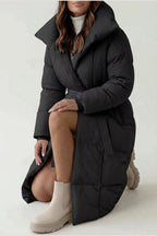 Women's Belted Long Puffer Coat with Silhouette Design – Ines — variant_front