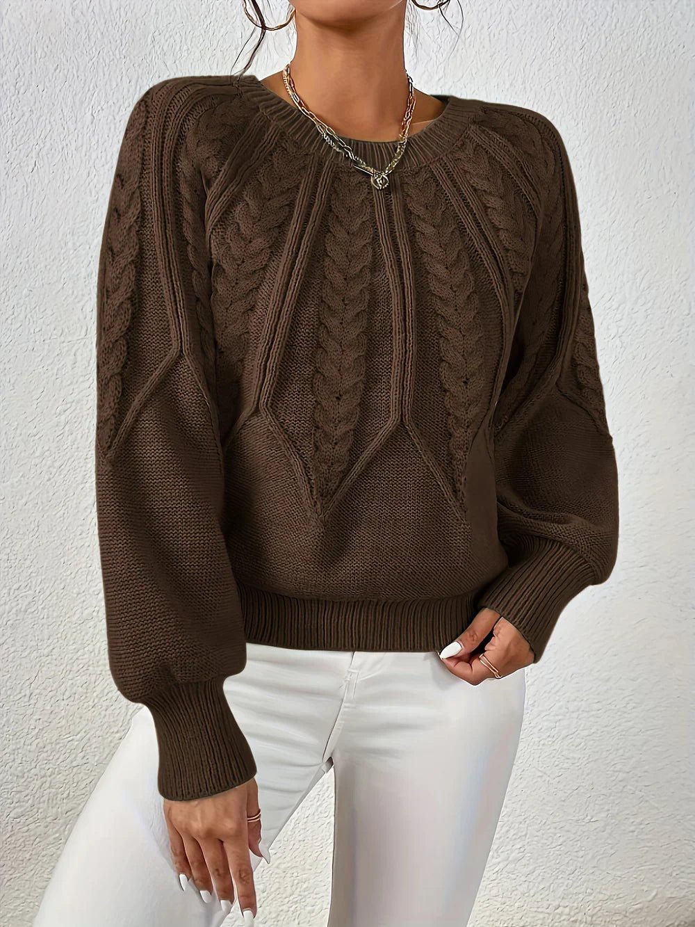 Cable Knit Sweater with Puff Sleeves and Round Neckline — variant_front