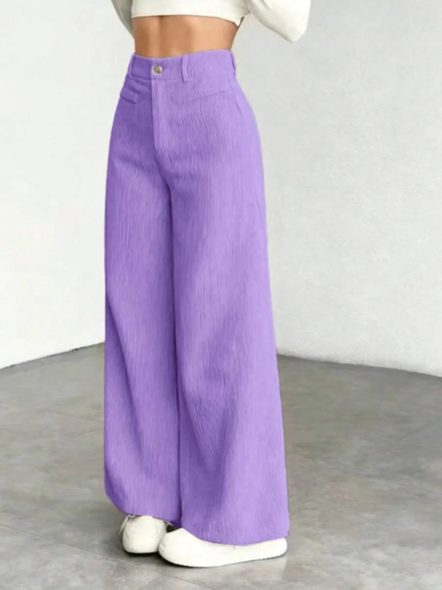 High Waist Wide Leg Corduroy Trousers with Flap Pockets — variant_front