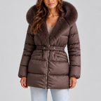 Women’s Hooded Puffer Coat with Faux Fur Trim and Belt — variant_front