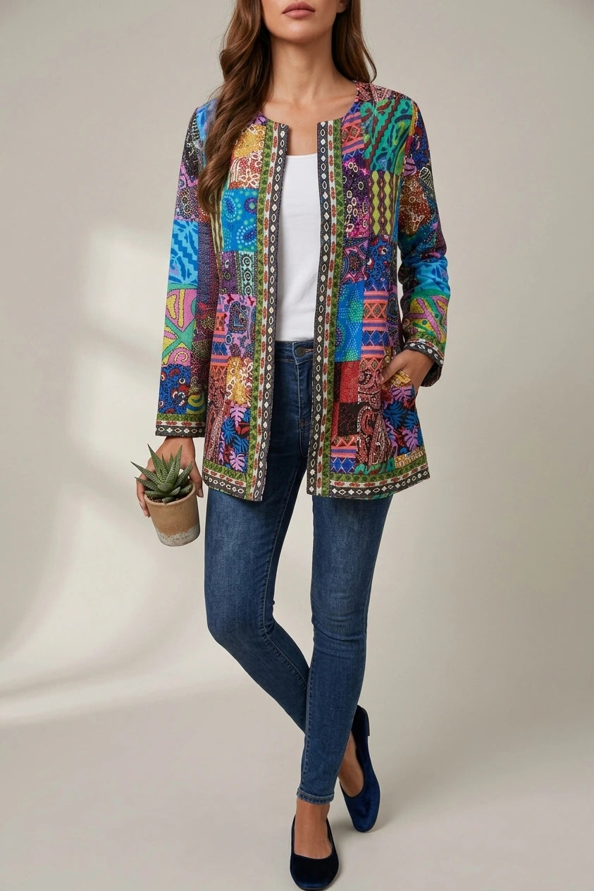 Women's Printed Open-Front Jacket with Long Sleeves — variant_front