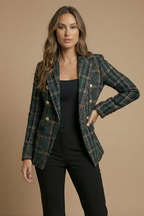 Classic Plaid Tweed Blazer with Double Breasted Gold Buttons — variant_front