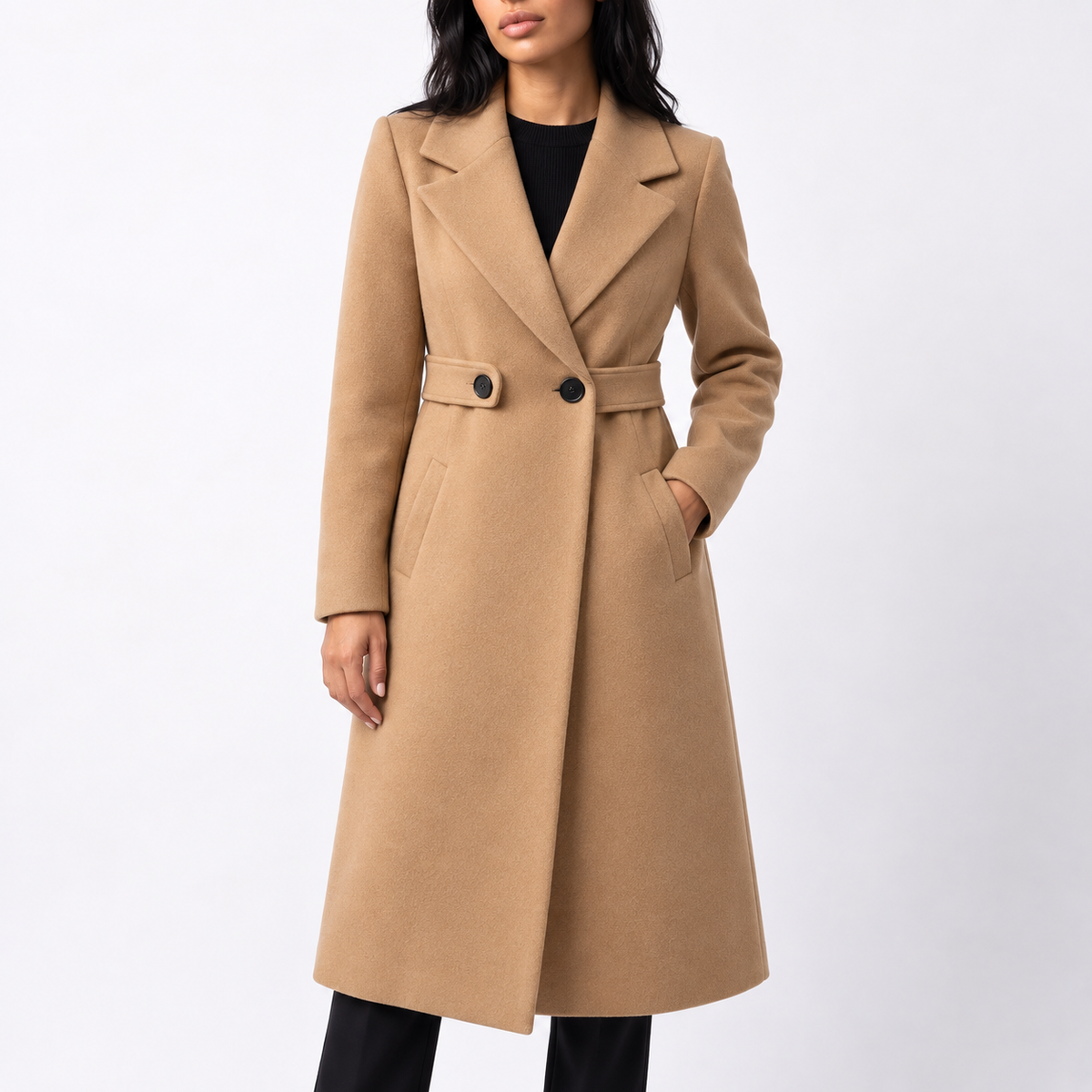 Women’s Long Belted Wool Winter Coat with Wide Lapels and Side Pockets — variant_front