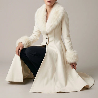A-Line Flared Coat with Faux Fur Collar and Cuffs for Women — variant_front